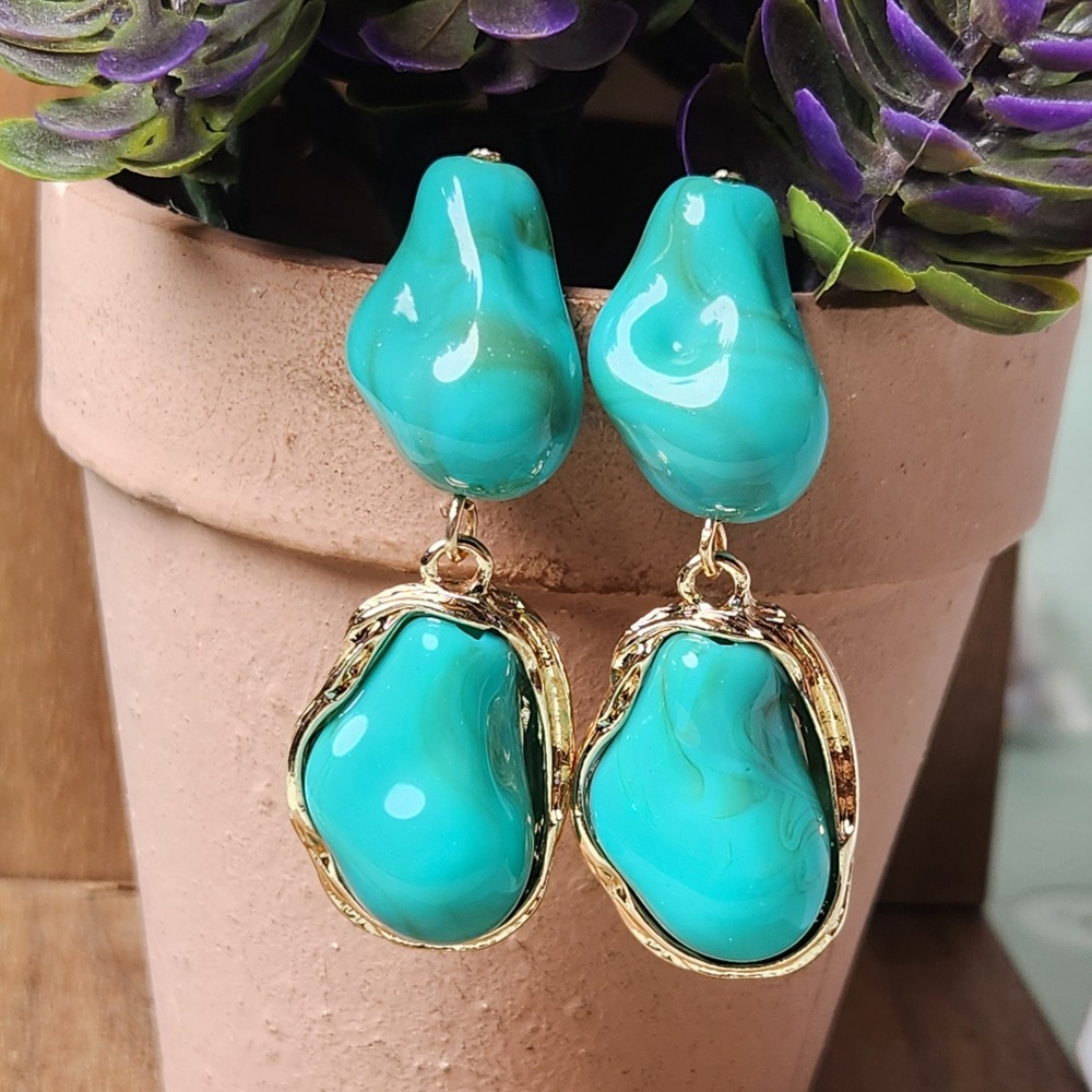 Turquoise Blue Organic Pebble Drop Earrings Gold Tone Textured Frame 2.0"